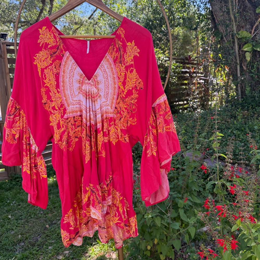 Free People Sunset Dreams Tunic Blouse Boho Floral Bell Sleeve Size Small